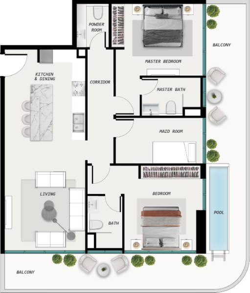 COSMOS Ocean Pearl - 2 BHK With Pool